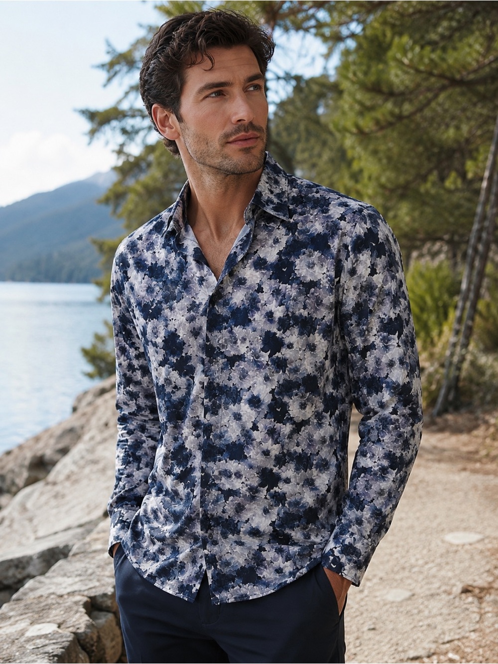 Eton Men’s Long-Sleeve Floral Button-Down Shirt – Navy Multi